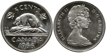 Канада 5 центов 1966 Елизавета II (1952-2022), бобер KM 60.1 никель UNC 4543-623