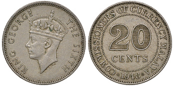 Британская Малайя 20 центов 1948 Георг VI (1937-1952) KM 9 медно-никель 4163-511