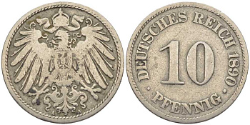 ГЕРМАНИЯ 10 ПФЕННИГОВ 1890 А KM 12, J. 13 медно-никель 4401-915