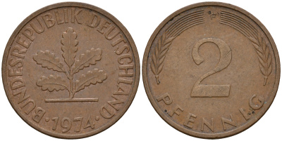 ФРГ 2 пфеннига 1974 F J.381a, KM 106a сталь плакированная медью    4598-821