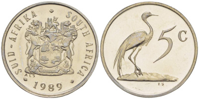 ЮАР 5 центов 1989 герб, райский журавль KM 84 никель PROOF 4525-634