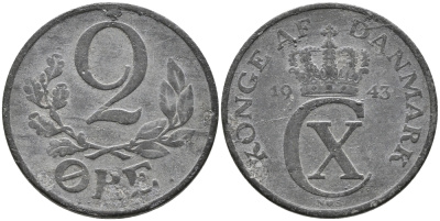 ДАНИЯ 2 ЭРЕ 1943 N;S, КРИСТИАН X (1912-1947) KM 833а цинк 28-1012