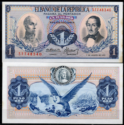 Колумбия 1 песо 1973 Симон Боливар, генерал Франсиско де Паула Сантандер, желтые пятна Pick 404e  бумага  aUNC 449-31-2
