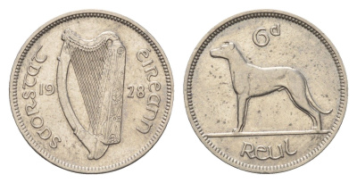 Ирландия 6 пенсов 1928 собака, ирландский волкодав KM 5 никель 4690-323