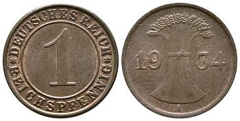 ГЕРМАНИЯ 1 РЕЙХСПФЕННИГ 1934 A KM 37, J. 313 бронза 4380-1251