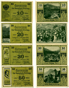 БРИКСЛЕГ, Австрия набор из 4 БАННОТ 1920 1 октября 1920, нотгельд (10, 20, 30, 50 геллеров), земля ТИРОЛЬ бумага 2193-25-1-1