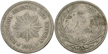 Уругвай 5 сентесимо 1901 KM 21 медно-никель 4135-345