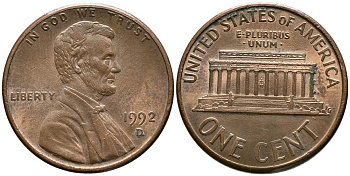 США 1 ЦЕНТ 1992 D, ЛИНКОЛЬН KM 201b цинк плакированный медью 4549-313