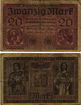 ГЕРМАНИЯ 20 МАРОК 1918 20 ФЕВРАЛЯ 1918, СЕРИЯ К, КРАСНАЯ, МИНЕРВА И МЕРКУРИЙ Pick 57, Rosenberg 55 бумага 8616-10-2-1