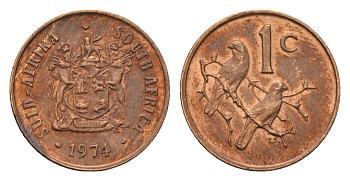 ЮАР 1 цент 1974 герб, капские воробьи, первый год KM 82 бронза 4643-234