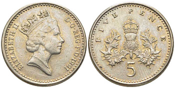 Великобритания 5 пенсов 1991 Елизавета II (1952-2022) KM 937b, Spink 4372 (D4) медно-никель 116-563