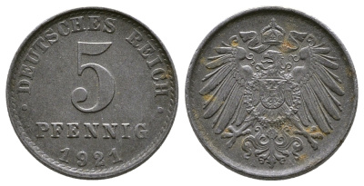 Германия 5 пфеннигов 1921 A KM 19, J. 297, Weege 5 железо 4380-155