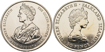 Фолклендские острова 50 пенсов 1980 80 лет королеве Елизавете, королеве матери KM 15 медно-никель UNC 4558-825