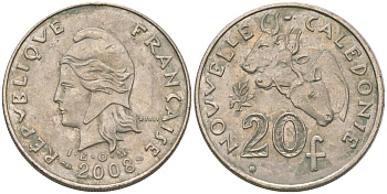 Французская Новая Каледония 20 франков 2008 три быка, (IEOM) KM 12a, Schoen 14a медно-никель 4131-1016