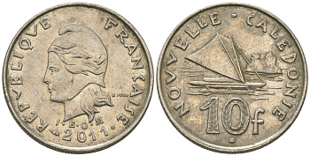 Французская Новая Каледония 10 франков 2011 рыбачья парусная лодка, (IEOM) KM 11a, Schoen 13a, Lec 99k медно-никель 65-117
