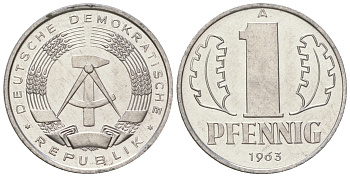 ГДР 1 пфенниг 1963 А KM 8.1 алюминий UNC 3458-267