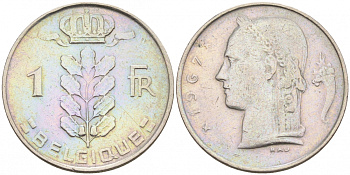 БЕЛЬГИЯ 1 ФРАНК 1967 BELGIQUE KM 142.1 медно-никель 68-636