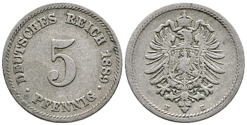 ГЕРМАНИЯ 5 ПФЕННИГОВ 1889 E, СТАРОГЕРБОВКА KM 3, J. 3 медно-никель 39-429