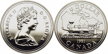 Канада 1 доллар 1981 Трансконтинентальная железная дорога, паровоз KM 130 серебро UNC 1087-6-14