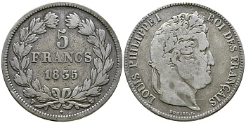 Франция 5 франков 1835 W, Луи Филипп I (1830-1848) KM 749.13 серебро 4386-322