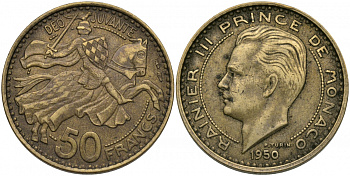 Монако 50 франков 1950 Ренье III (1949-2005) KM 132 алюминиевая бронза 51-2641