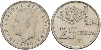 Испания 25 песет 1980 (81) чемпионат мира по футболу в Испании 1982 года, Хуан Карлос I (1975-) KM 818 медно-никель 65-1233