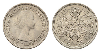Великобритания 6 пенсов 1953 Елизавета II (1952-2022), год-тип KM 889, Spink 4141 медно-никель UNC 4381-964