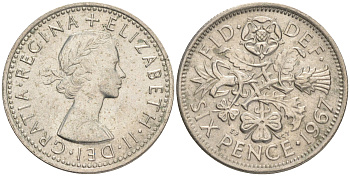 Великобритания 6 пенсов 1967 Елизавета II (1952-2022) KM 903, Spink 4149 медно-никель 192-822
