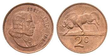 ЮАР 2 цента 1965 Ян ван Рибек (1619-1677), South Africa, легенда на английском, антилопа KM 66.1 бронза 4114-514