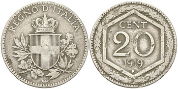 Италия 20 чентезимо 1919 R, Виктор Эммануил III (1900-1946) KM 44 никель 4613-841
