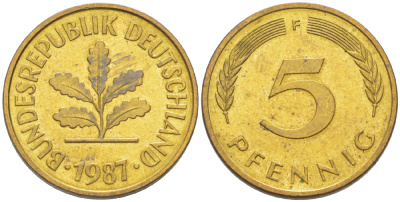 ФРГ 5 ПФЕННИГОВ 1987 F KM 107, J. 382 сталь плакированная латунью 4181-1025