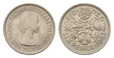 Великобритания 6 пенсов 1953 Елизавета II (1952-2022), год-тип KM 889, Spink 4141 медно-никель UNC 4381-964