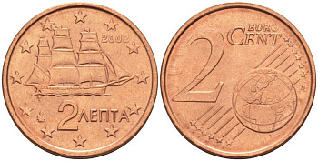 ГРЕЦИЯ 2 ЕВРОЦЕНТА 2002 KM 182 сталь плакированная медью UNC 214-347