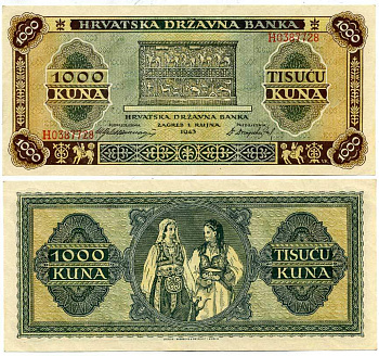ХОРВАТИЯ 1000 КУНА 1943 Pick 12 бумага аUNC 3295-39-3