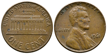 США 1 цент 1961 Авраам Линкольн KM 201 медь цинк 93-1224