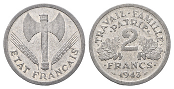 Франция 2 франка 1943 KM 904.1, Le Franc 270.2 алюминий 4118-537