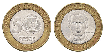Доминиканская Республика (Доминикана) 5 песо 1997 50 лет Центробанку KM 88 биметалл 4663-922