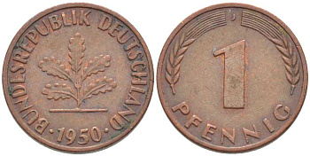 ФРГ 1 ПФЕННИГ 1950 J KM 105, J. 380 сталь плакированная медью 116-342
