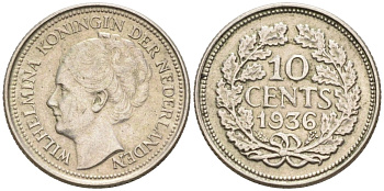 Нидерланды 10 центов 1936 Вильгельмина I (1890-1948) КМ 163 серебро 4576-768