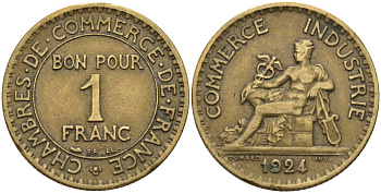 Франция 1 франк 1924 KM 876, Le Franc 218.5 алюминиевая бронза 4142-751
