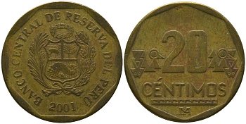Перу 20 сентимо 2001 LIMA KM 306.4, Schon 105 латунь 4543-1047