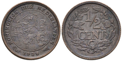 Нидерланды 1/2 цента 1928 Вильгельмина (1890-1948) KM 138 бронза 4576-468