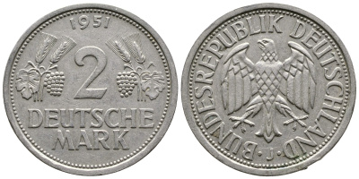 ФРГ 2 марки 1951 J J 386, KM 111 медно-никель плакированный никелем 413-4831