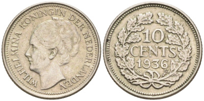 Нидерланды 10 центов 1936 Вильгельмина I (1890-1948) КМ 163 серебро 4576-768