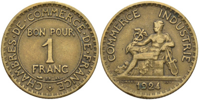 Франция 1 франк 1924 KM 876, Le Franc 218.5 алюминиевая бронза 4142-751