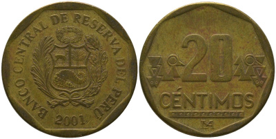 Перу 20 сентимо 2001 LIMA KM 306.4, Schon 105 латунь 4543-1047