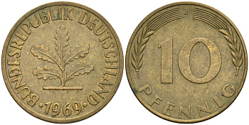ФРГ 10 пфеннигов 1969 J KM 108, J. 383 сталь плакированная латунью 4584-515
