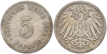 Германия 5 пфеннигов 1894 A KM 11, J. 12 медно-никель 4151-368