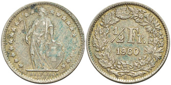 ШВЕЙЦАРИЯ 1/2 ФРАНКА 1960 В KM 23 серебро 4532-1028
