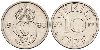 Швеция 10 эре 1980 Карл XVI Густав (1973- ) KM 850 медно-никель 4564-749